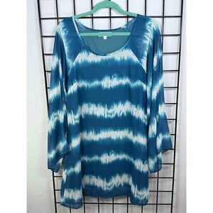Umgee‎ Tie Dyed Shift Dress Womens L Turquoise Peasant Cottagecore Boho Colorful